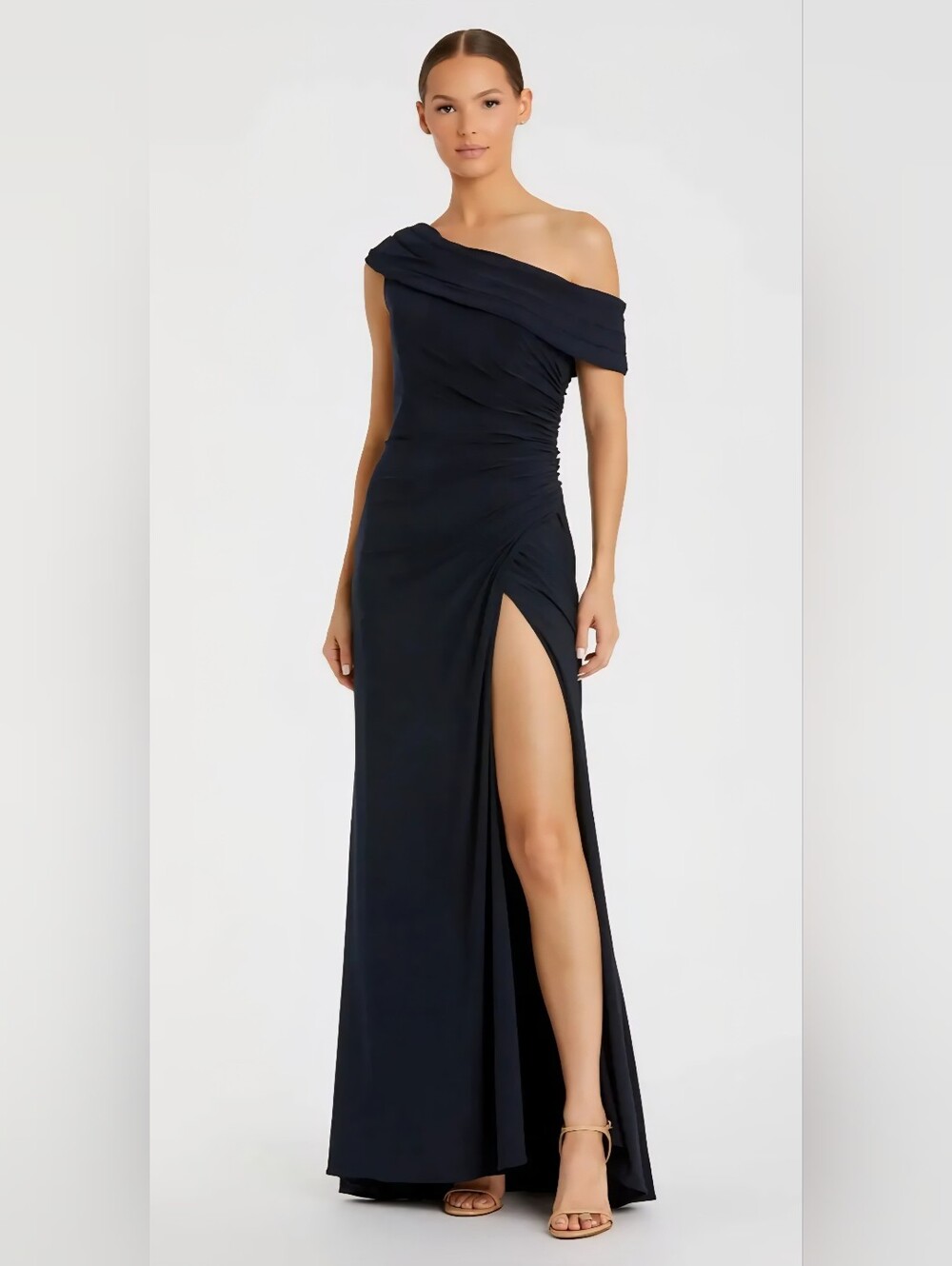 NEW Mac Duggal 26517 Ieena Navy Foldover Off-the-Shoulder Slit Gown Size 2